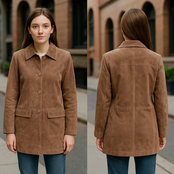 Bernardo Taupe Suede Leather Button-Front Coat | Washable Jacket- Size PM - Picture 1 of 16